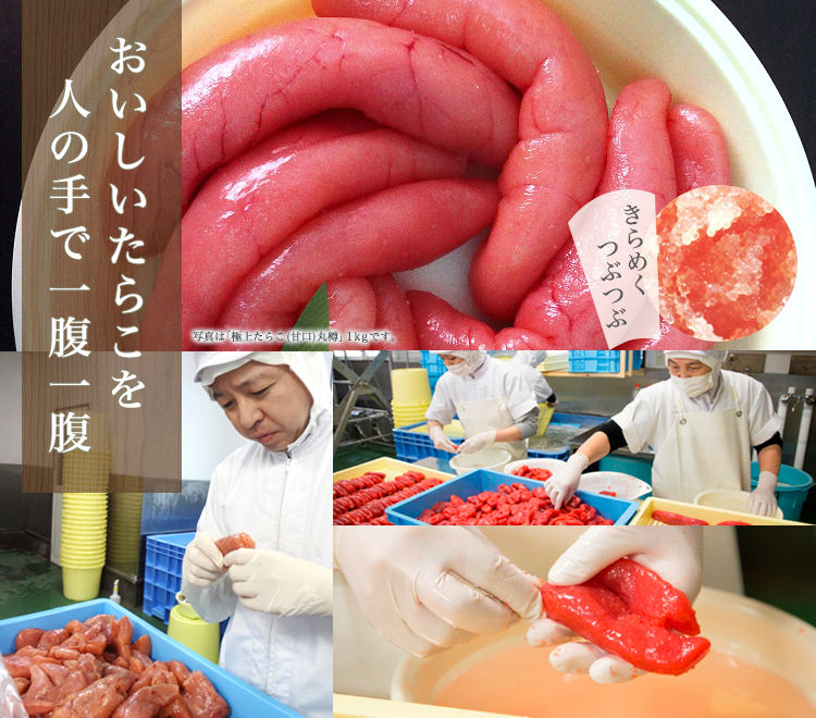 おいしいたらこを人の手で一腹一腹